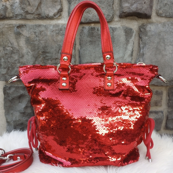 Coach Red Sequin Poppy Spotlight Tote Shoulder Bag - Picture 8 of 16